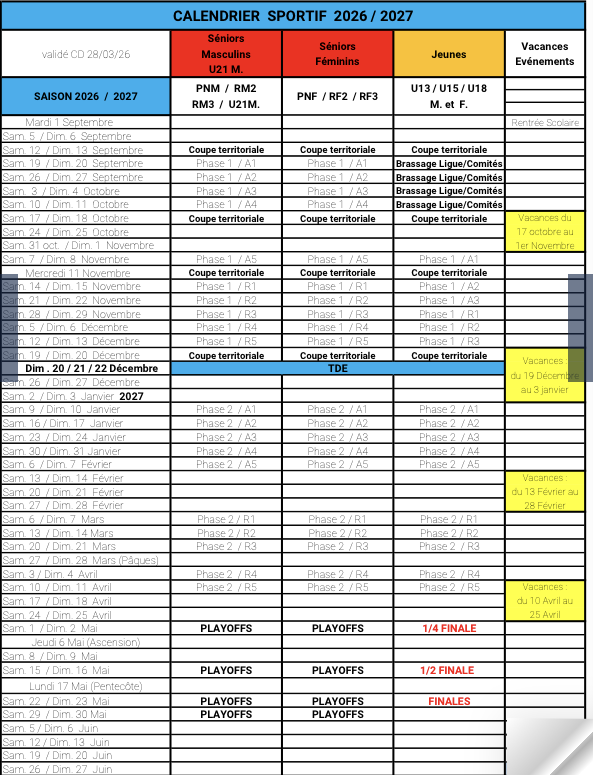 Le calendrier sportif 2026/2027